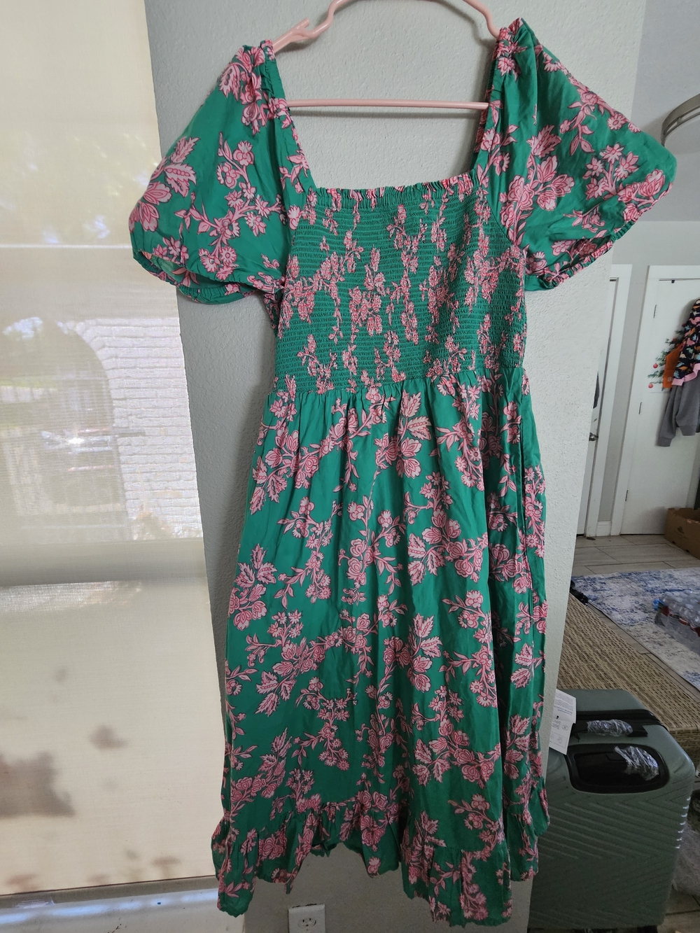 J.crew Green Floral Puff-Sleeve Midi Dress